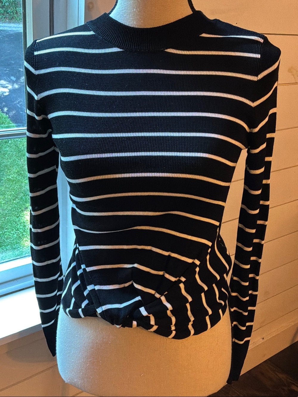 Topshop Black & White Striped Twist-Front Long Sleeve Top